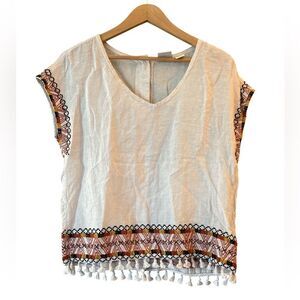 Rachel Zoe 100% Linen Embroidered Tassel Boho Aztec Blouse Button Back Sz S